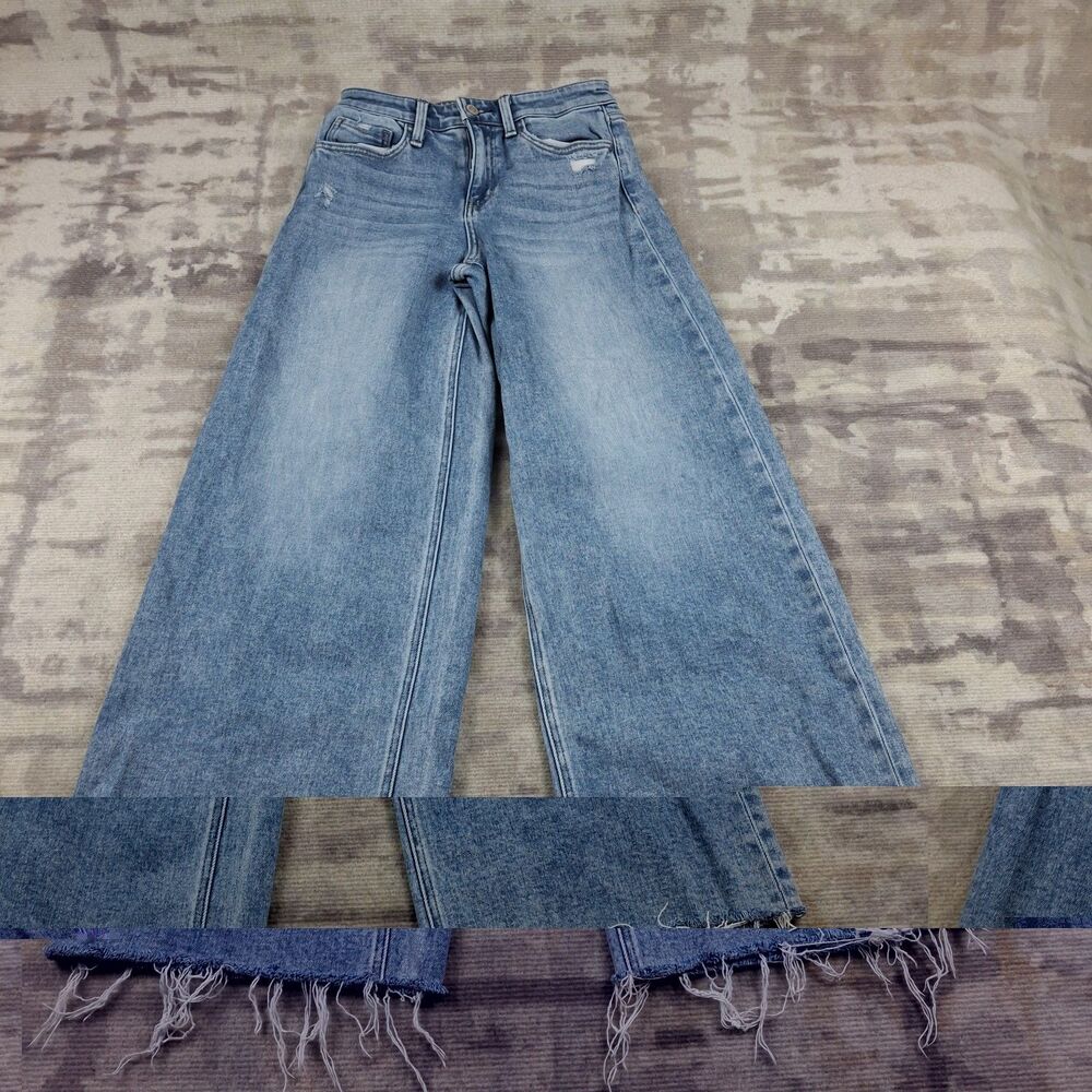 Flying Monkey Icon Wide Leg Jeans Womens 26 Raw Hem Distressed Stretch Blue...